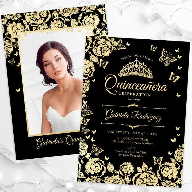 Convite Rosas Dourados Pretos Borboletas Quinceanera Foto (Criador carregado)