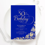 Convite Rosas Dourados Reais aniversário de 30 anos Real E<br><div class="desc">Simples convite de festas elegante em azul real e ouro. Design clássico com rosas, folha de ouro falsa e letra de script de tipografia. A Trendy convida o cartão perfeito para uma festa de na moda. Personalize com seus próprios detalhes. Pode ser personalizado para qualquer idade. Impressos convites Zazzle ou...</div>