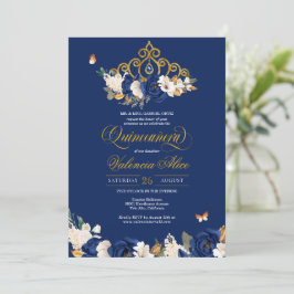 Convite Rosas Dourados reais Tiara Borboleta Quinceañera