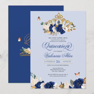 Convite Rosas Dourados reais Tiara Borboleta Quinceañera