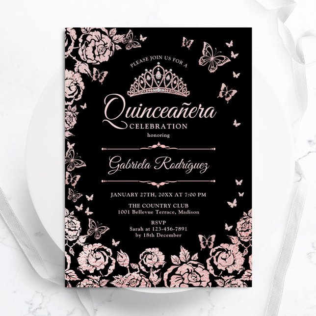 Convite Rosas Dourados Rosa Negra Borboletas Quinceanera (Criador carregado)