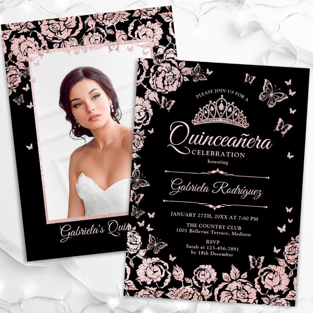 Convite Rosas Dourados Rosa preto Quinceanera Foto (Criador carregado)