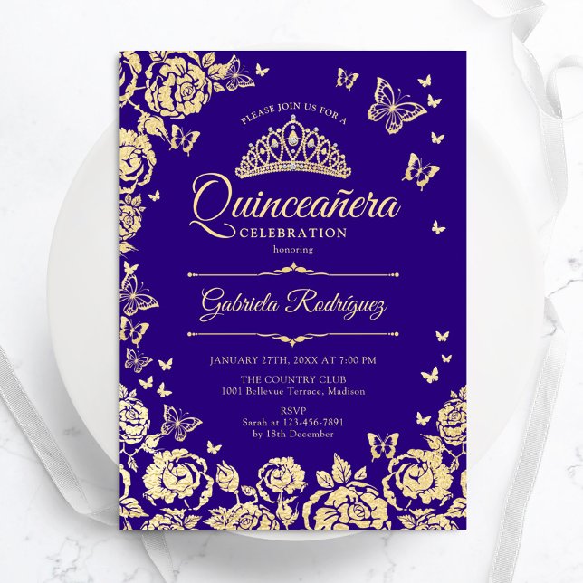 Convite Rosas Dourados roxos Borboletas Quinceanera (Criador carregado)