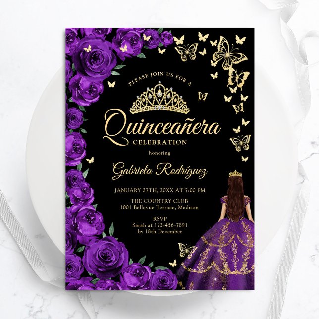 Convite Rosas Dourados roxos Borboletas Quinceanera (Criador carregado)