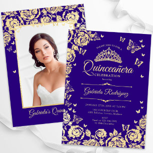 Convite Rosas Dourados Roxos Borboletas Quinceanera Foto