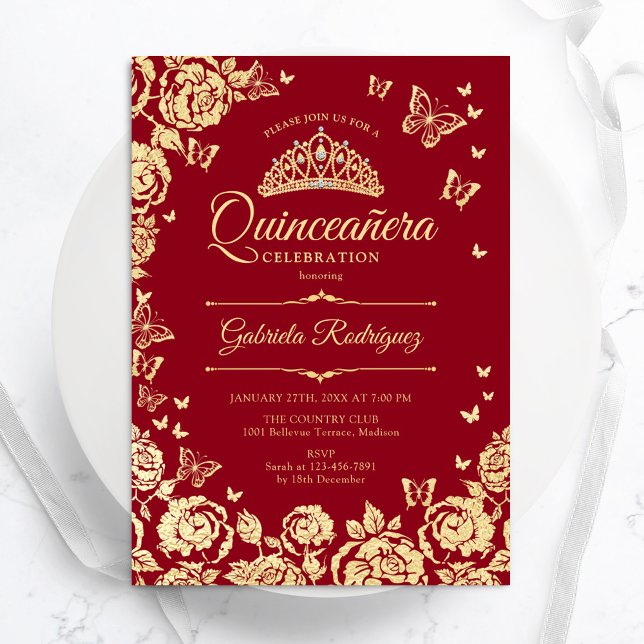 Convite Rosas Dourados vermelhos Borboletas Quinceanera (Criador carregado)