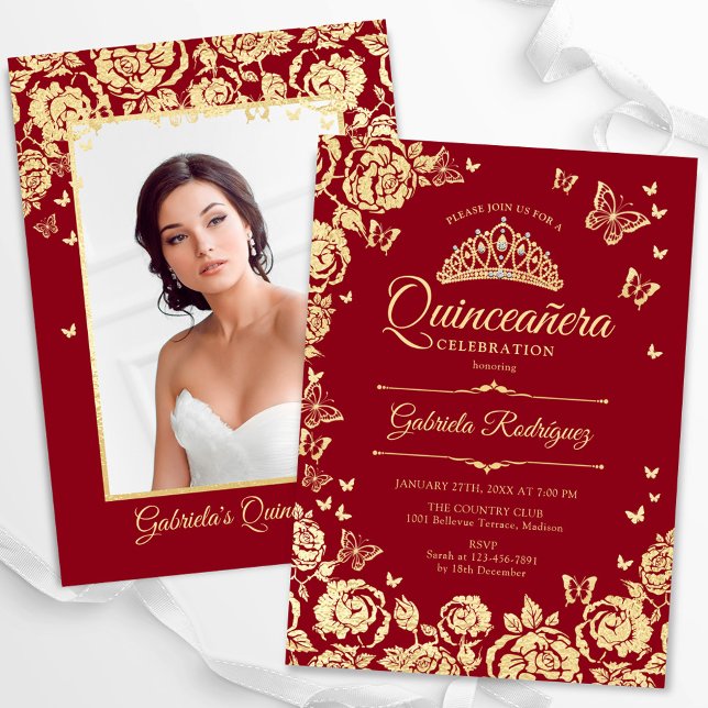 Convite Rosas Dourados vermelhos Borboletas Quinceanera Fo (Criador carregado)