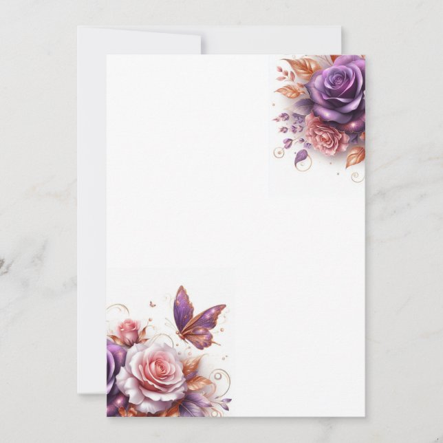 Convite Rosas e Borboleta Casamento em Branco (Frente)