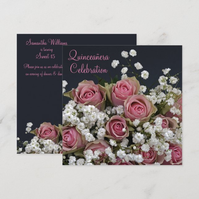 Convite Rosas e Buquê de Gypsophila Quinceañera (Frente/Verso)