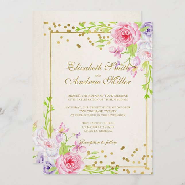 Convite Rosas e Casamento Floral de Confetti Dourado (Frente/Verso)