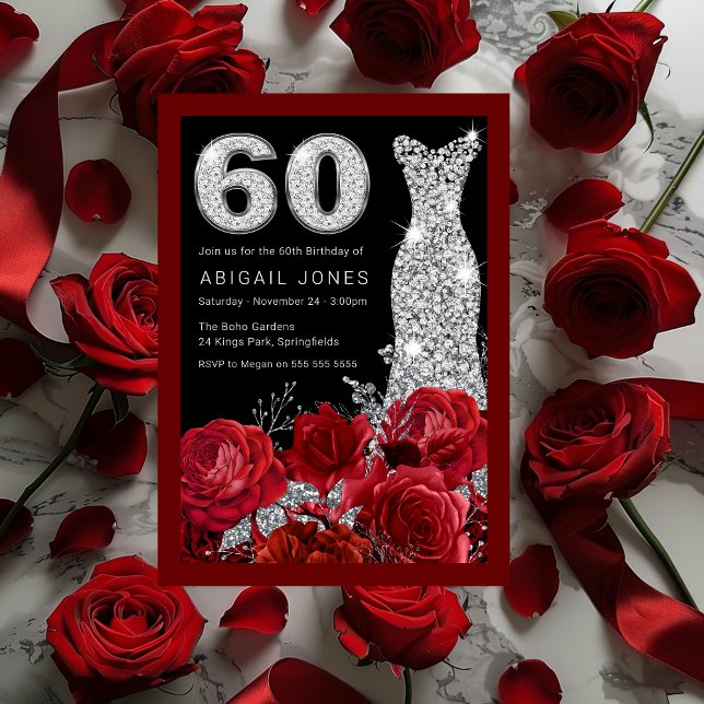 Convite Rosas e Diamond Dress Red Border 60º aniversário (Criador carregado)