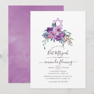 Convite Rosas e Magnólias Roxas em Aquarela Bat Mitzvah