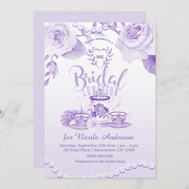 Convite Rosas e pérolas Lungueira Roxo Elegante Chá (Frente/Verso)