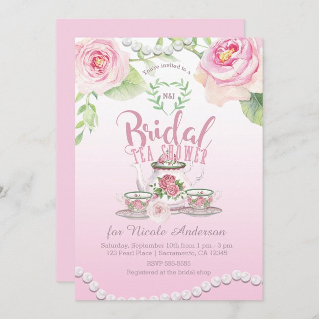Convite Rosas e Pérolas Rosa, Chá de Chá Brida Elegante (Frente/Verso)