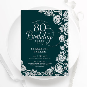 Convite Rosas Elegante 80 Birthday Emerald Green Silver