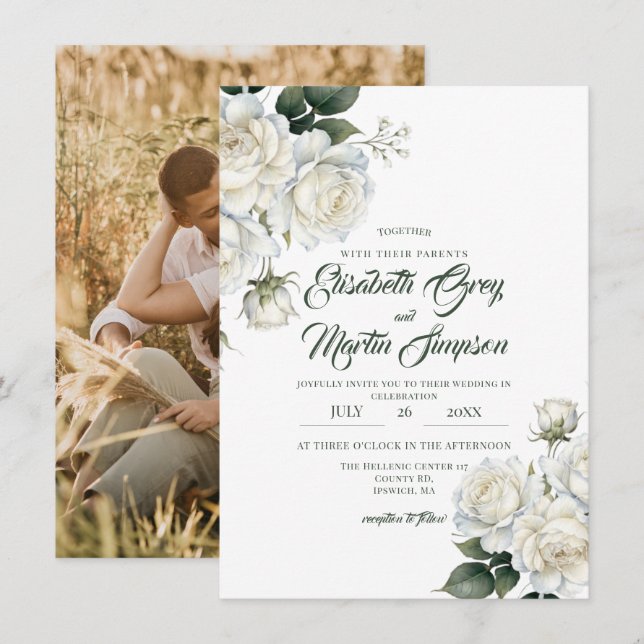 Convite Rosas Elegante Casamento Floral Sage (Frente/Verso)