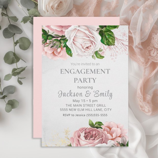 Convite Rosas Elegante Festa de noivado de Creme Floral Ro (Elegant blush pink watercolor vintage floral engagement party invitation)