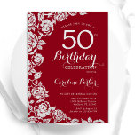 Convite Rosas Elegante Red Silver 50ª Festa de aniversário<br><div class="desc">Floral vermelho prateado 50º convite de aniversário. Design elegante com rosas,  folha de falso prata e letra de script de tipografia. A Trendy convida o cartão perfeito para uma festa de na moda. Pode ser personalizado para qualquer idade. Impressos convites Zazzle ou modelo de impressão digital instantânea para download.</div>