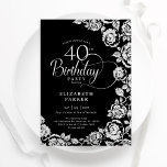 Convite Rosas Elegantes aniversário de 40 anos Black Silve<br><div class="desc">Convite de festas floral de prata preta. Design elegante com rosas, folha de falso prata e letra de script de tipografia. A Trendy convida o cartão perfeito para uma festa de na moda. Pode ser personalizado para qualquer idade. Personalize com seus próprios detalhes. Impressos convites Zazzle ou modelo de impressão...</div>