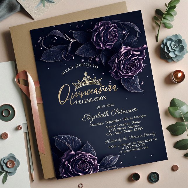 Convite Rosas Elegantes Dark Gothic Quinceañera (Criador carregado)