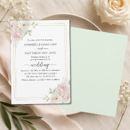 Convite Rosas Elegantes de Blush Suave Moldura Dourada Cas