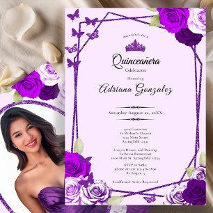 Convite Rosas Elegantes e Coroa Roxa Quinceanera