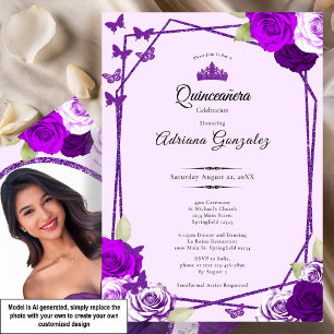 Convite Rosas Elegantes e Coroa Roxa Quinceanera