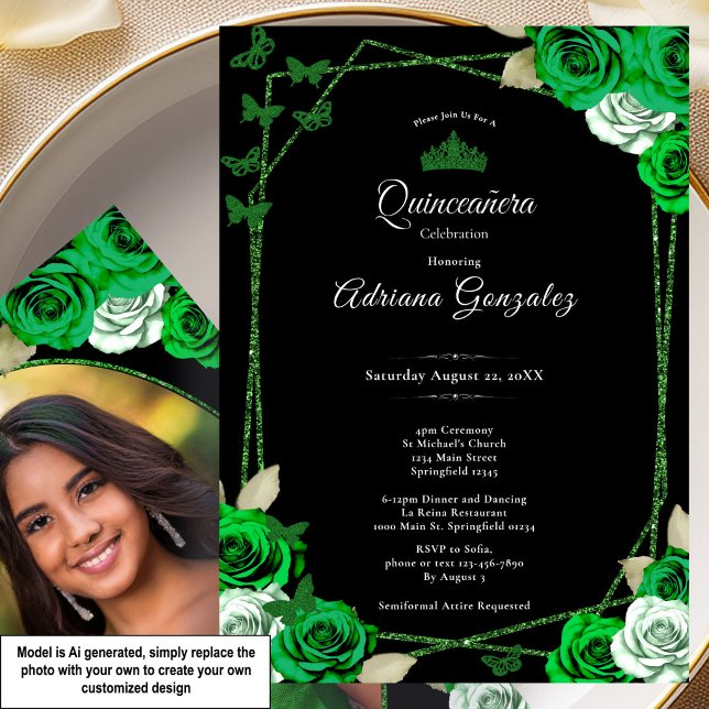 Convite Rosas Elegantes e Coroa Verde Quinceanera (Criador carregado)