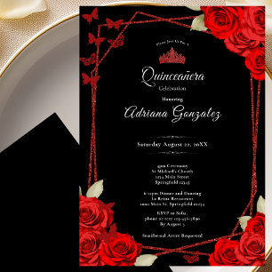 Convite Rosas Elegantes e Coroa Vermelha Quinceanera