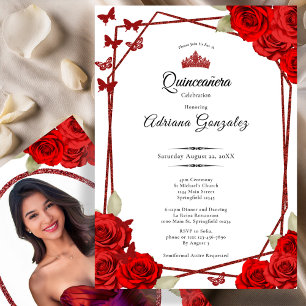 Convite Rosas Elegantes e Coroa Vermelha Quinceanera 