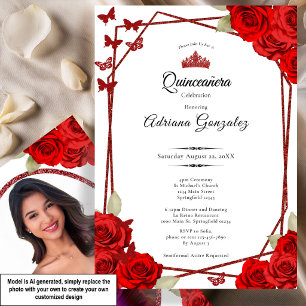 Convite Rosas Elegantes e Coroa Vermelha Quinceanera