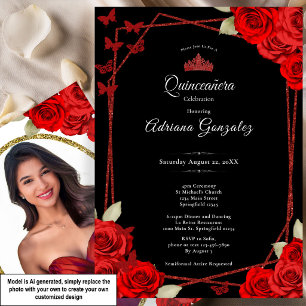 Convite Rosas Elegantes e Coroa Vermelha Quinceanera