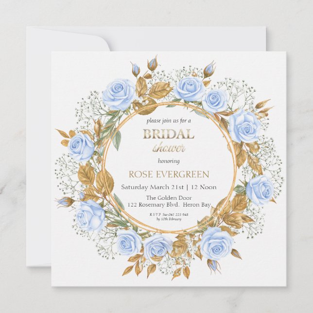 Convite Rosas Elegantes em Azul Poeirento e Respiro de Beb (Frente)