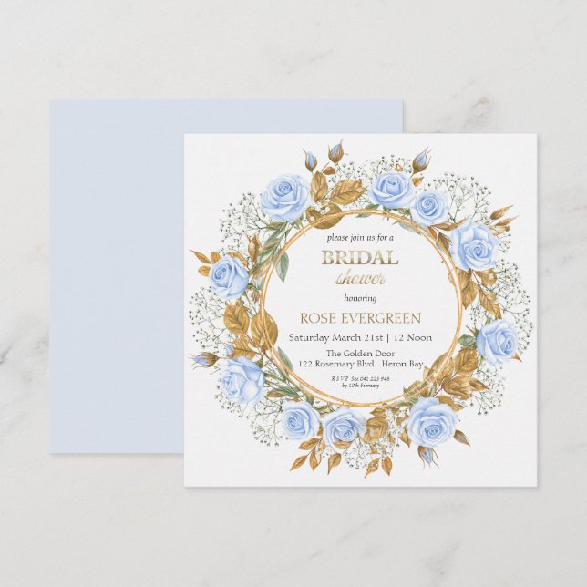 Convite Rosas Elegantes em Azul Poeirento e Respiro de Beb (Frente/Verso)