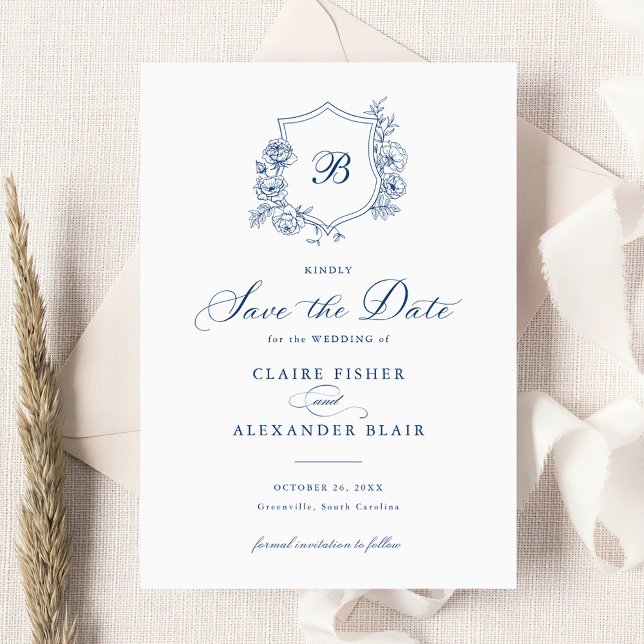 Convite Rosas Elegantes Florais Monograma de Crest Salvar  (Criador carregado)