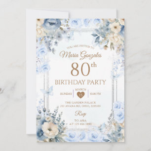 Convite Rosas Elegantes Prata e Azul Empoeirado 80º Aniver
