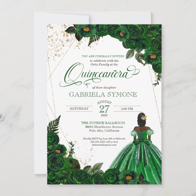 Convite Rosas Elegantes Verde Afrolatina Quinceanera (Frente)