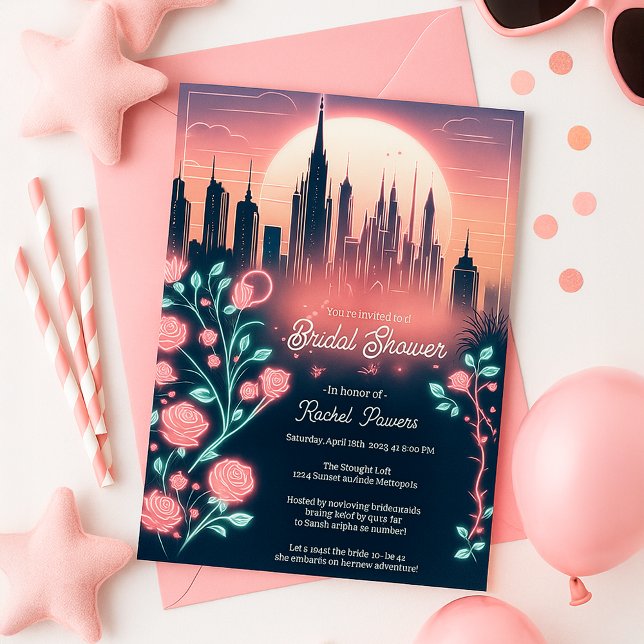 Convite Rosas Elétricos Chá de panela Neon Futurístico (Electric Roses Futuristic Neon Bridal Shower Invitation
)