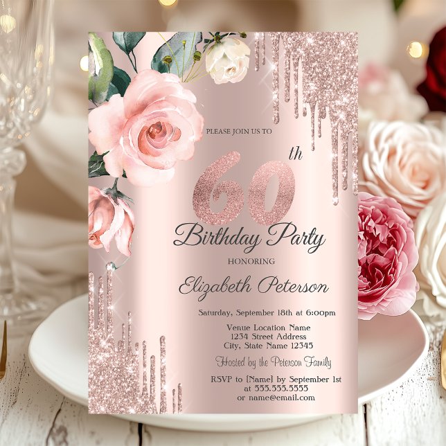 Convite Rosas em Aquarela com Brilho Pingando Aniversário  (Criador carregado)