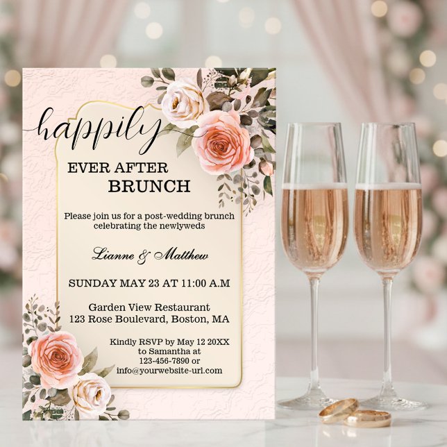 Convite Rosas em Aquarela Pastel Brunch de Casamento (Brunch after wedding invitation featuring romantic watercolor roses on chic pink)