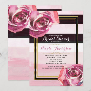 Convite Rosas em Aquarela Rosa Listras Pretas e Brancas Mo