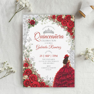 Convite Rosas em Aquarela Vermelhas e Prata Quinceañera