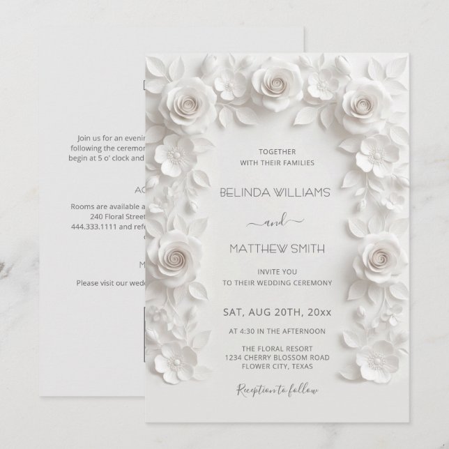 Convite Rosas em Relevo Falso Branco Quadro Tudo-em-Um (Frente/Verso)
