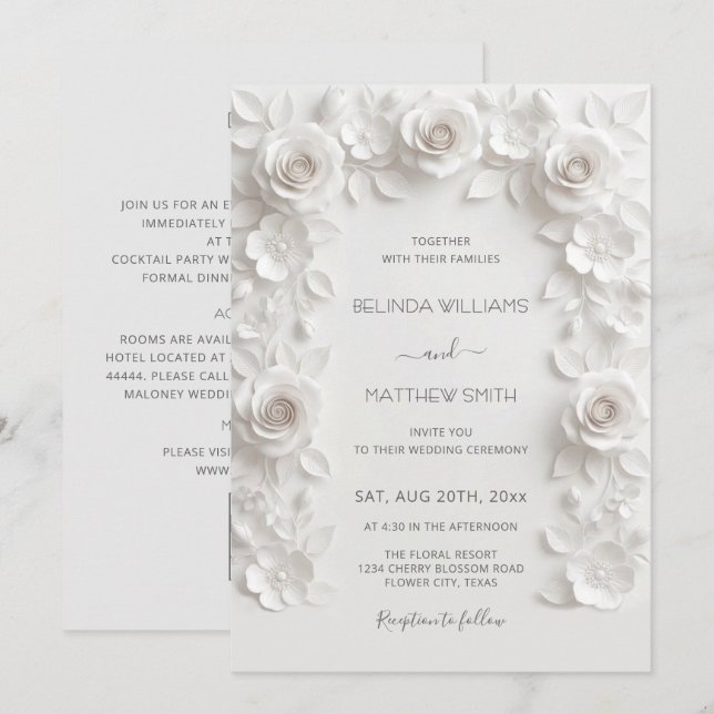Convite Rosas em Relevo Falso Branco Quadro Tudo-em-Um (Frente/Verso)