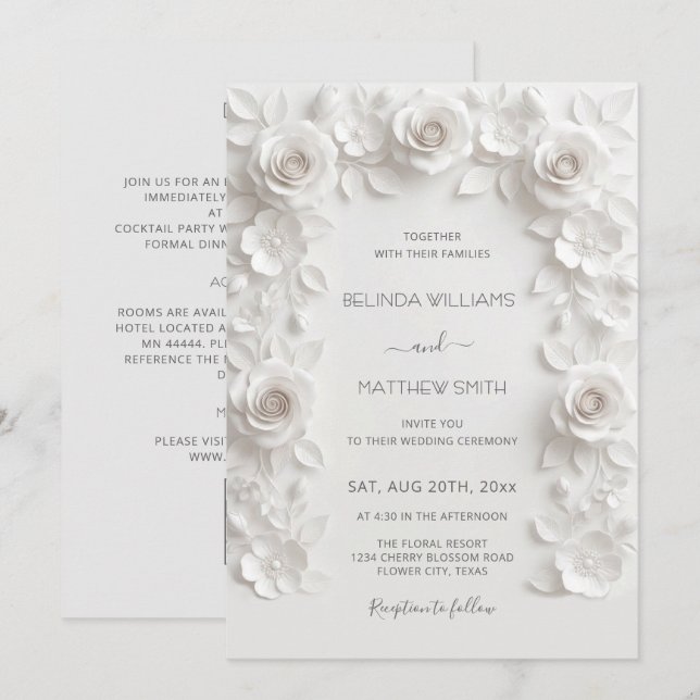 Convite Rosas em Relevo Falso Branco Quadro Tudo-em-Um (Frente/Verso)
