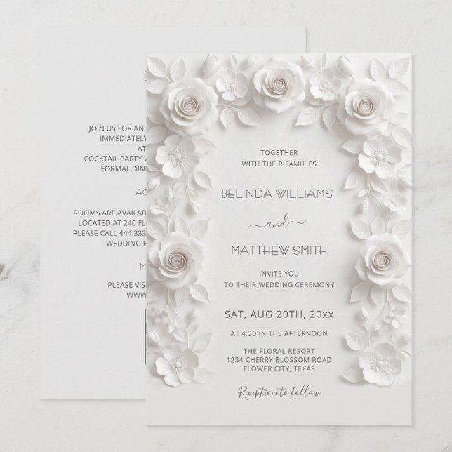 Convite Rosas em Relevo Falso Branco Quadro Tudo-em-Um (Frente/Verso)