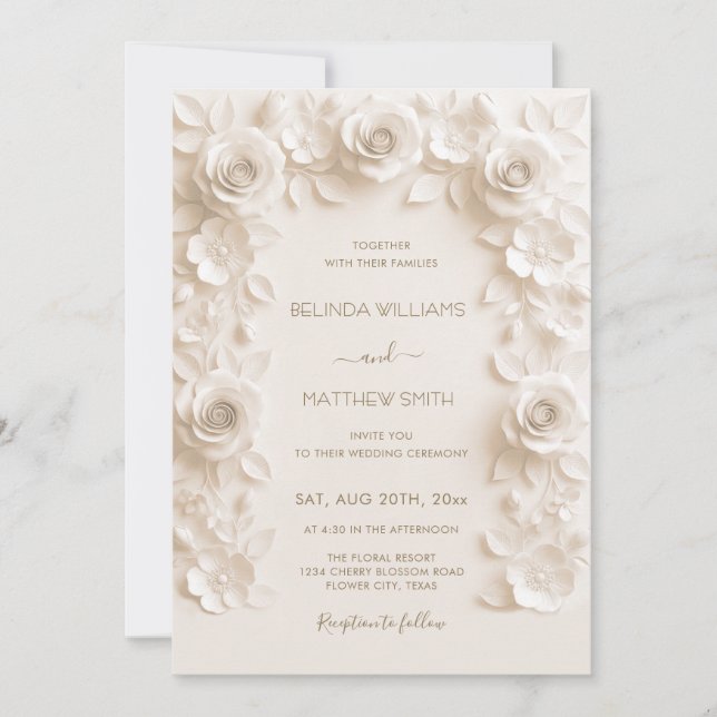Convite Rosas em Relevo Falso de Marfim Quadro Casamento  (Frente)