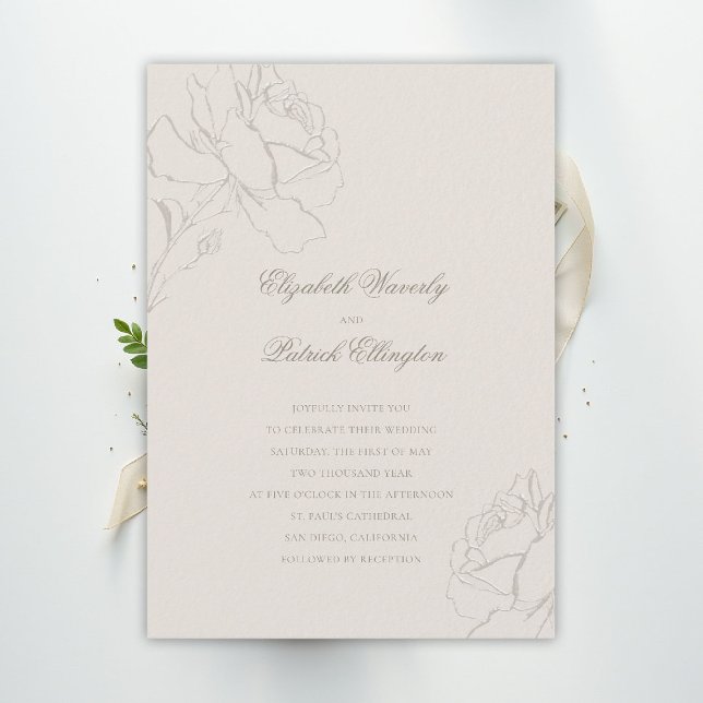 Convite Rosas Em Relevo Falso Ecru Casamento Clássico Form (ethereal wedding theme ecru invitation formal traditional modern classic floral roses elegant)