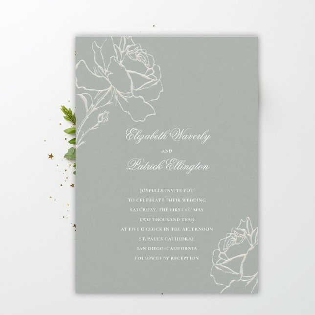 Convite Rosas Em Relevo Falso Verde Sage Casamento Clássic (sage green wedding theme invitation formal traditional modern classic floral elegant roses)