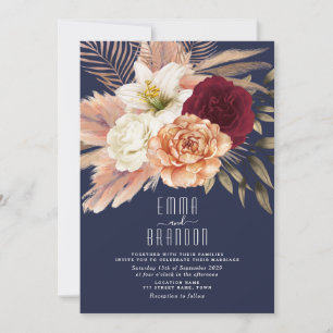 Convite Rosas em tons de pêssego, floral bordô e azul mari